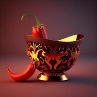 Chili oil and red pepper on dark background. 3d illustration, Image photo