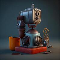 Vintage movie camera with headphones and cup of coffee on dark background, Image photo
