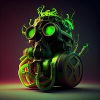 Green robot in a gas mask and headphones. 3d rendering., Image photo