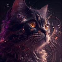 Cat with glowing eyes on a dark background. 3d rendering., Image photo