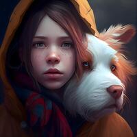 Girl with a dog in the raincoat. 3D rendering., Image photo