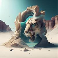 Tiger in desert. 3D render. Fantasy digital illustration., Image photo