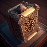 3d illustration of a golden Ramadan Kareem lantern on a wooden table, Image photo