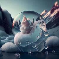 Snow globe with forest and mountains in the background. 3D rendering, Image photo