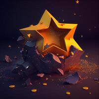 3d rendering of golden star on a dark background with cracked debris, Ai Generative Image photo