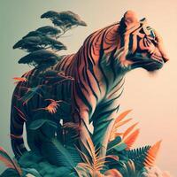 Tigre con tropical plantas y hojas. 3d hacer ilustración., ai generativo imagen foto