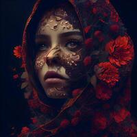 Beautiful girl with floral make-up in the style of Halloween, Image photo