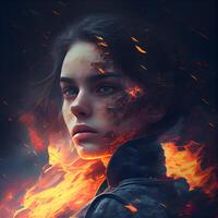 Fantasy portrait of a beautiful woman with red fire on her face., Image photo