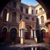 3D rendering of a beautiful palace with arches and balconies, Image photo