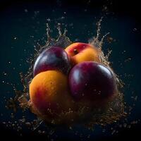 Water splash with red apple and persimmon isolated on white background, Image photo