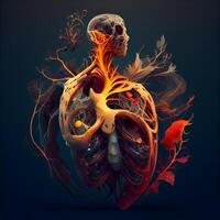 humano corazón anatomía. ilustración de humano corazón anatomía en oscuro fondo, ai generativo imagen foto