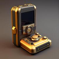 Retro camera on a gray background. 3D rendering. Computer digital drawing., Image photo