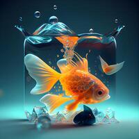 Goldfish in water. 3d illustration. Isolated on dark background., Image photo