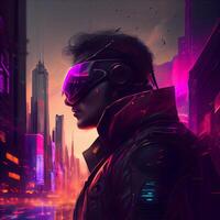 Portrait of a futuristic man in a futuristic city. 3d rendering, Image photo