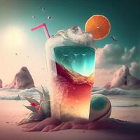 Frozen cocktail on the beach. 3D illustration. Vintage style., Image photo