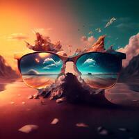 Gafas de sol en el playa a atardecer, 3d prestar., ai generativo imagen foto