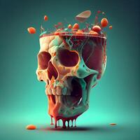 3D illustration of a skull with blood splashes on a green background, Image photo