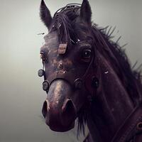 Portrait of a horse with a bridle on a gray background, Image photo