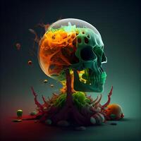 Skull with colorful explosion of paint on a dark background. illustration., Image photo