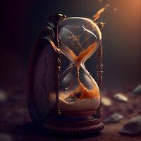 Time concept. Vintage hourglass with flowing sand on dark background., Image photo