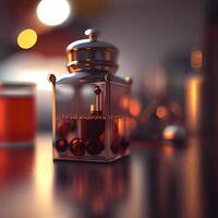 Ramadan Kareem greeting card. Arabic lantern and candles on blurred background., Image photo