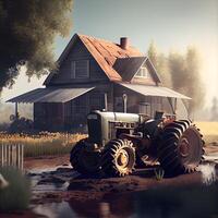 Old tractor with a wooden house in the background. 3d render, Image photo