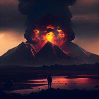 Volcanic eruption and silhouette of a man on the background of the volcano, Image photo