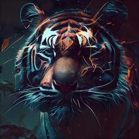 Close-up portrait of a tiger with fire effect. Abstract background, Image photo