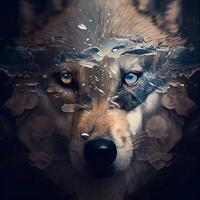 hermosa lobo cara con azul ojos. fantasía retrato de un lobo., ai generativo imagen foto