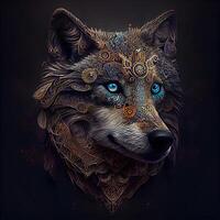 Stylized portrait of a wolf with ornamental pattern on the face., Image photo