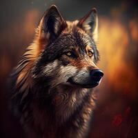 Portrait of a wolf in a dark forest. Digital painting., Image photo