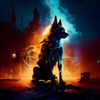 German shepherd dog in ruins of the city. 3D illustration., Image photo