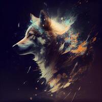 Abstract portrait of a wolf with splashes of paint on a black background, Image photo