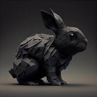 3d representación de un negro Conejo en bajo escuela politécnica estilo en gris fondo, ai generativo imagen foto
