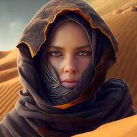 retrato de un hermosa musulmán mujer con hijab en el desierto, ai generativo imagen foto