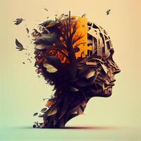 resumen humano cabeza hecho de arboles y hojas. 3d ilustración., ai generativo imagen foto