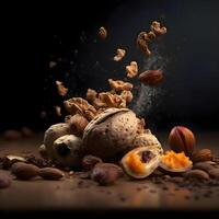 Falling nuts and dried fruits on a wooden board on a black background, Image photo