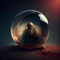 cristal pelota con mezquita en el antecedentes de el planeta. ilustración, ai generativo imagen foto