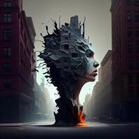 Head of a woman breaking through the wall. 3D illustration., Image photo