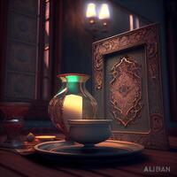 3d illustration of Aladdin lamp in oriental style. Lamp on the table., Image photo