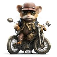 Cute mouse biker sitting on a motorcycle isolated on white, Image photo