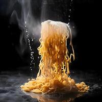 Instant noodles with steam on a black background. Close up., Image photo