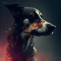 portrait of a dog on a dark background with fire and smoke, Image photo