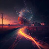 Conceptual image of a tornado destroying a rural house at night, Image photo
