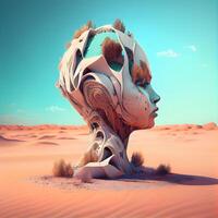 3d rendering of a woman's head in the desert with blue sky, Image photo
