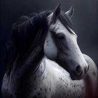 Beautiful white horse with long mane on a dark background., Image photo
