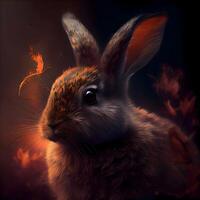 Conejo en un oscuro antecedentes con un viñeta, ilustración, ai generativo imagen foto