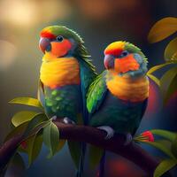 Two parrots sitting on a branch in the jungle. illustration., Ai Generative Image photo