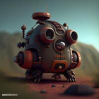 3D rendering of a robot on the background of the planet., Image photo