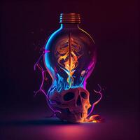 Skull in a bottle. 3D rendering. Neon light., Image photo